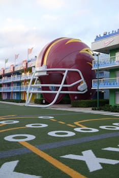 Capture of a large football helmet at Disney's All-Star Sports Resort in Florida.