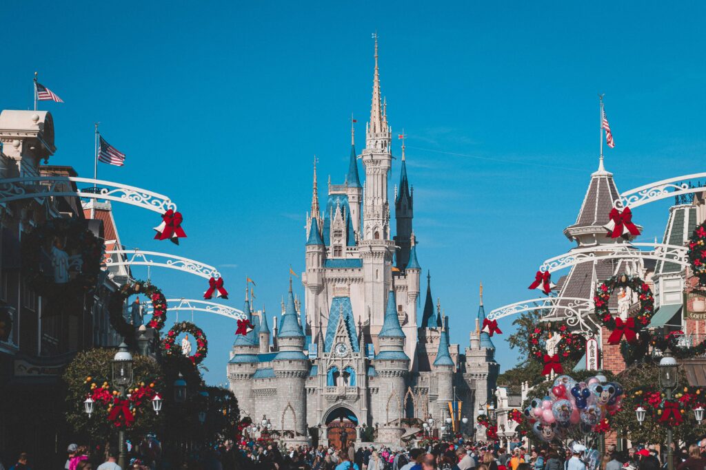 Cinderella Castle at Disney World's Magic Kingdom adorned for holiday festivities, Orlando, Florida.