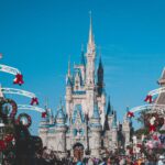 Cinderella Castle at Disney World's Magic Kingdom adorned for holiday festivities, Orlando, Florida.